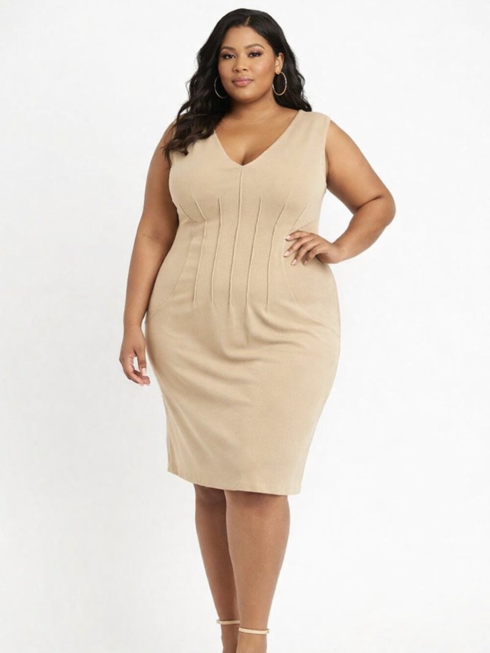 Ashley Stewart Beige V-Neck Midi Ponte Knit Sheath Dress Women's Plus Size 18/20